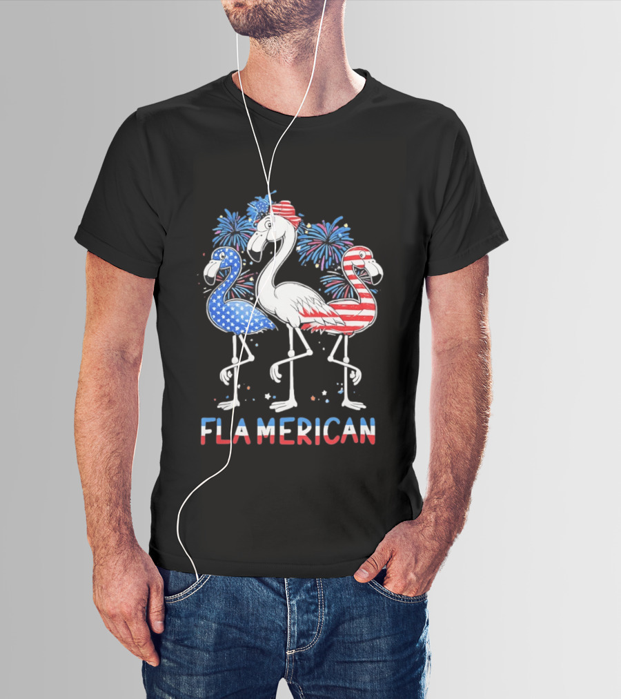 Flamerican Flamingo Fireworks Patriotic Fourth Of July T-Shirt