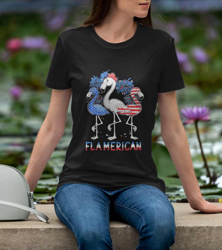 Flamerican Flamingo Fireworks Patriotic Fourth Of July T-Shirt