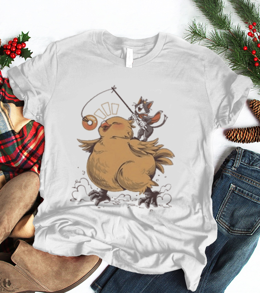 Chocobo Riding Cat Wizard With Donut Lure Delight T-Shirt