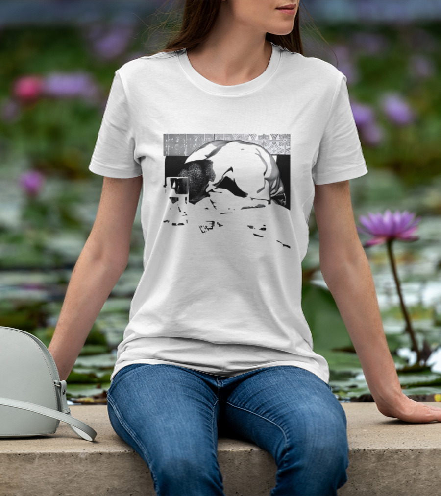 Rough Night Passed Out At Dinner Table Humor Black And White Image T-Shirt