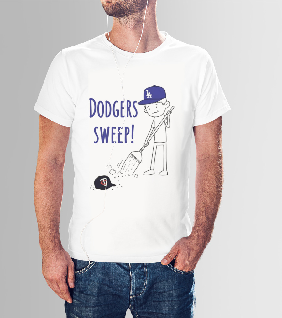 Dodgers Sweep Cartoon Figure In LA Cap Broom Action T-Shirt