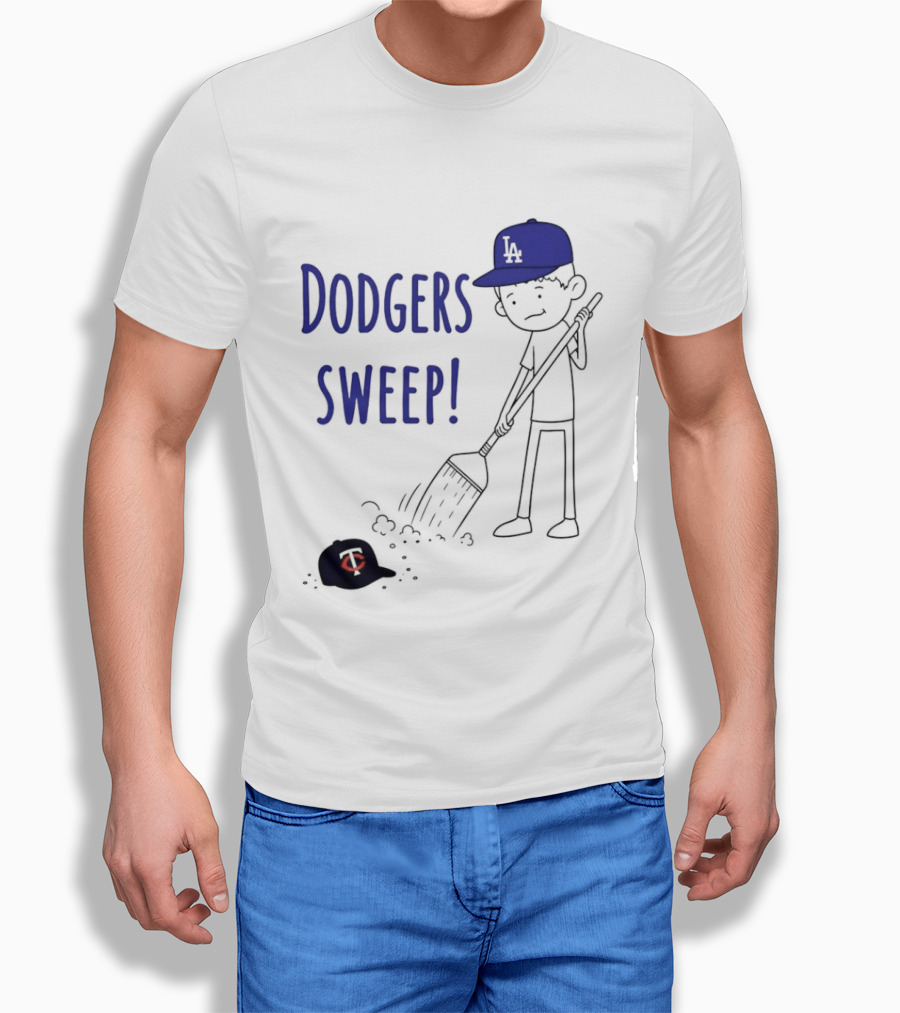 Dodgers Sweep Cartoon Figure In LA Cap Broom Action T-Shirt