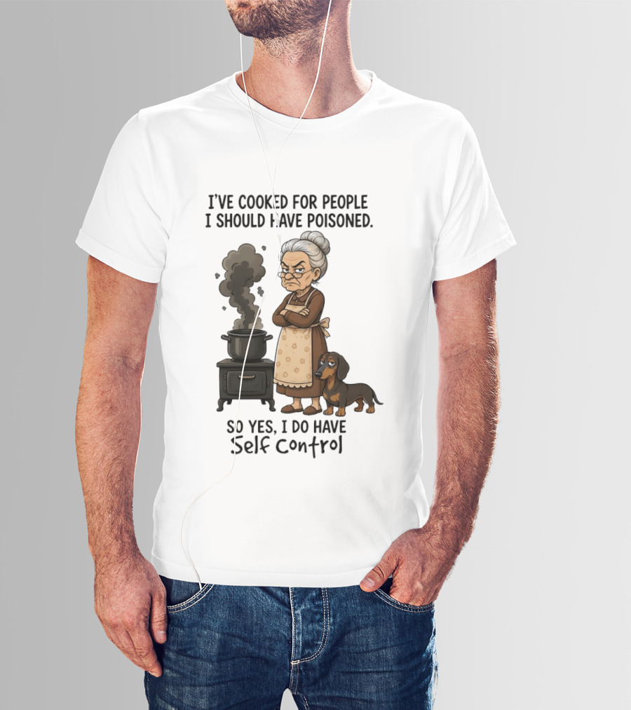 Grandma And Dachshund Cooking Humor Self Control Poised Patience T-Shirt