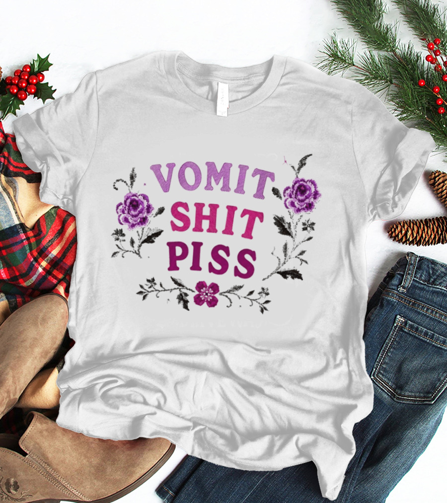 Vomit Shit Piss Floral Embroidery Roses T-Shirt