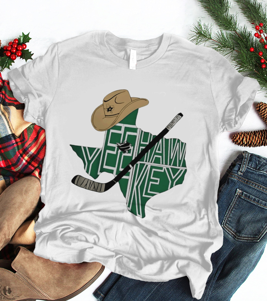 Yeehaw Key Texas Hockey Dallas Stars NHL Cowboy Hat Hockey Stick Map T-Shirt