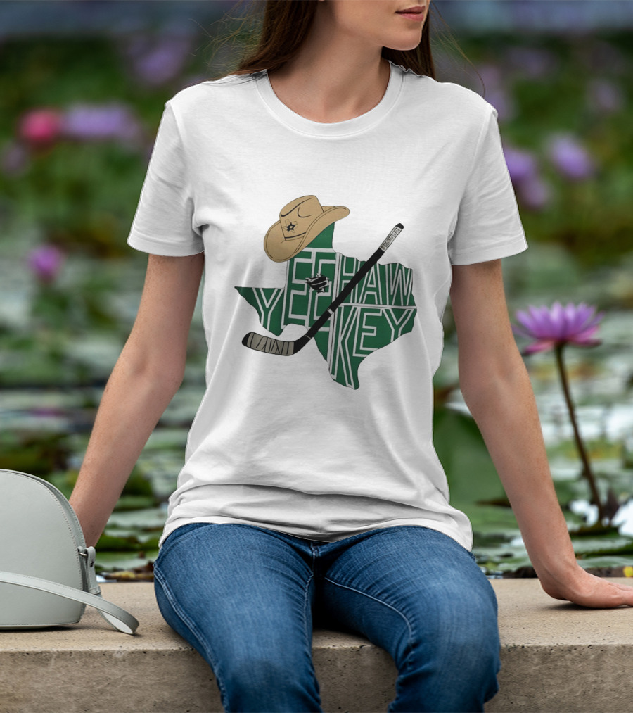 Yeehaw Key Texas Hockey Dallas Stars NHL Cowboy Hat Hockey Stick Map T-Shirt