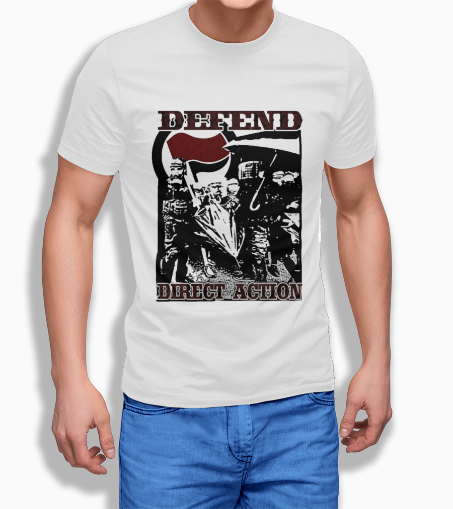 Defend Direct Action Antifa Protest Imagery With Red Flag Iconography T-Shirt