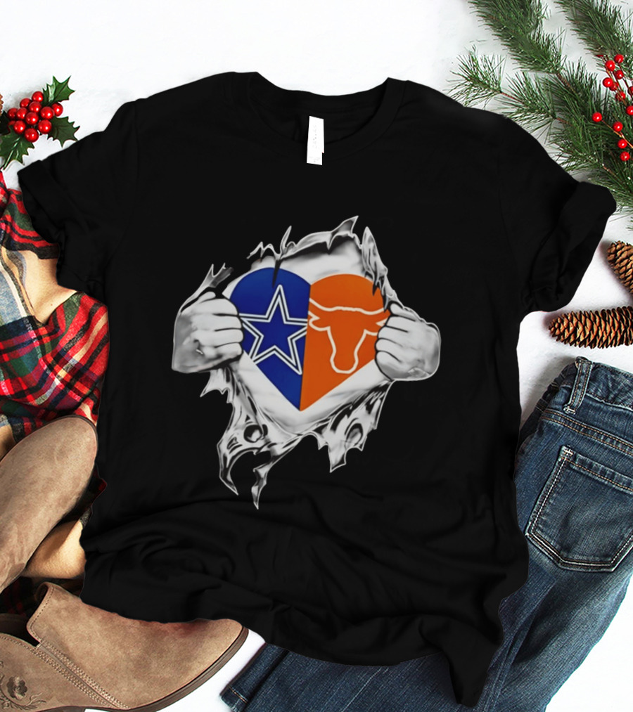 Dallas Cowboys And Texas Longhorns Heart Symbol Tearing T-Shirt