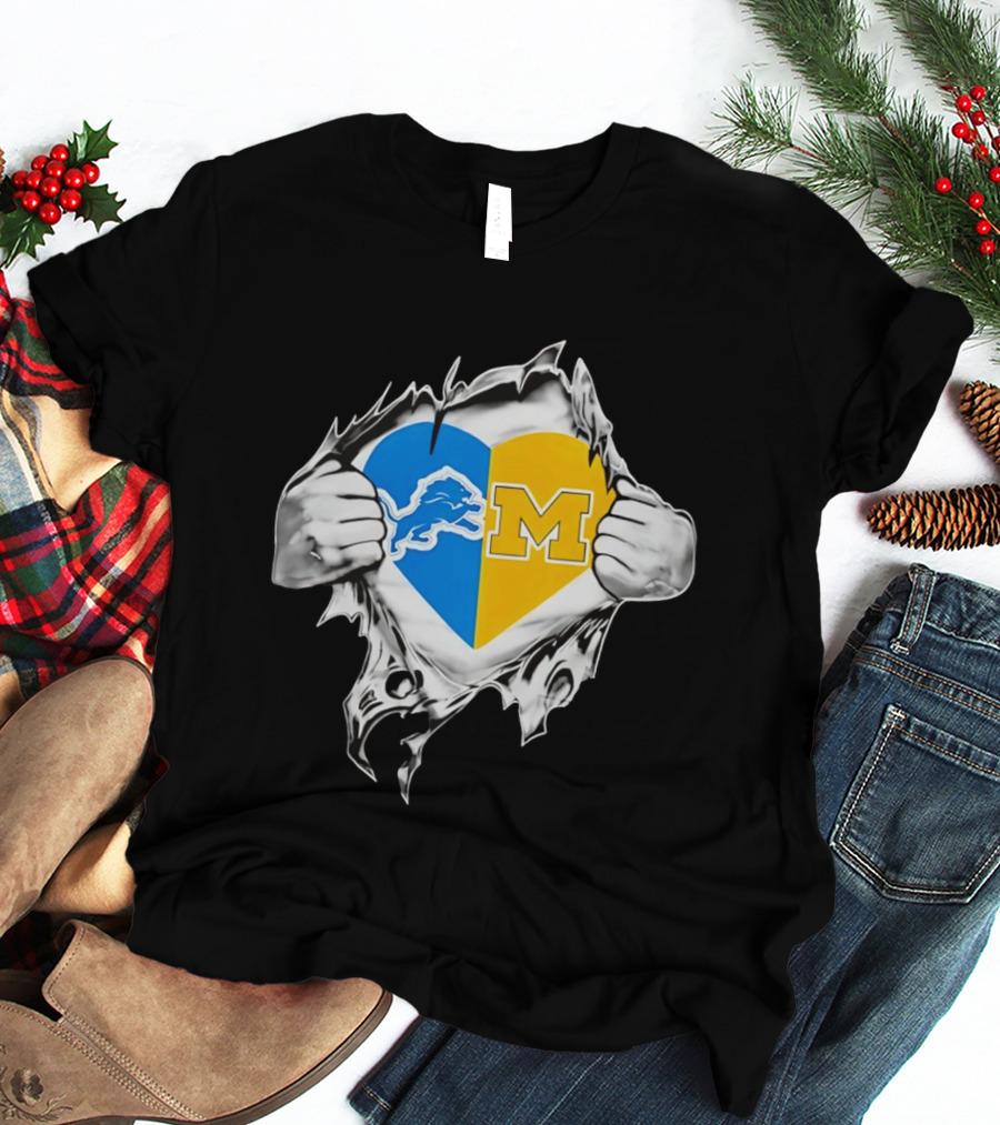 Detroit Lions Michigan Wolverines Heart Torn Reveal T-Shirt
