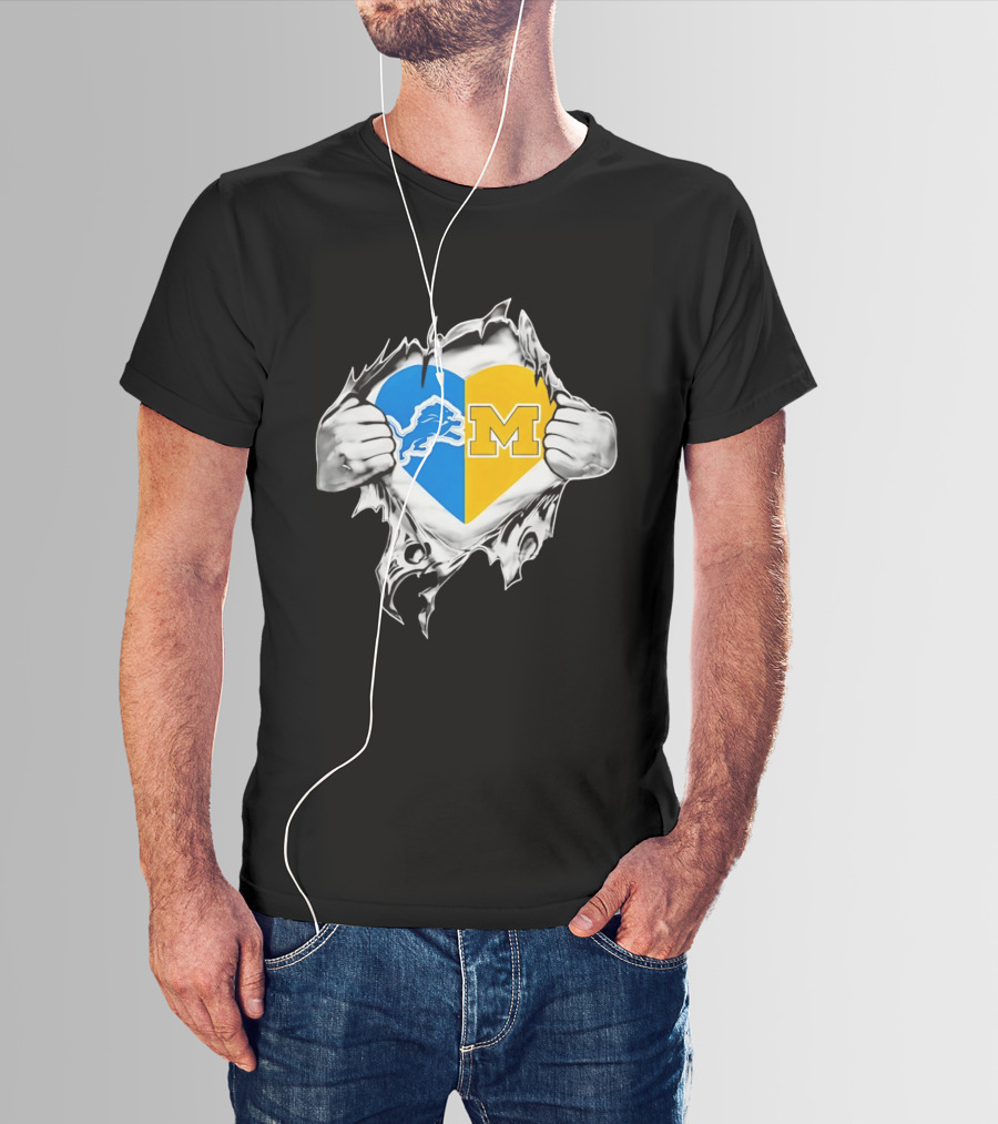 Detroit Lions Michigan Wolverines Heart Torn Reveal T-Shirt