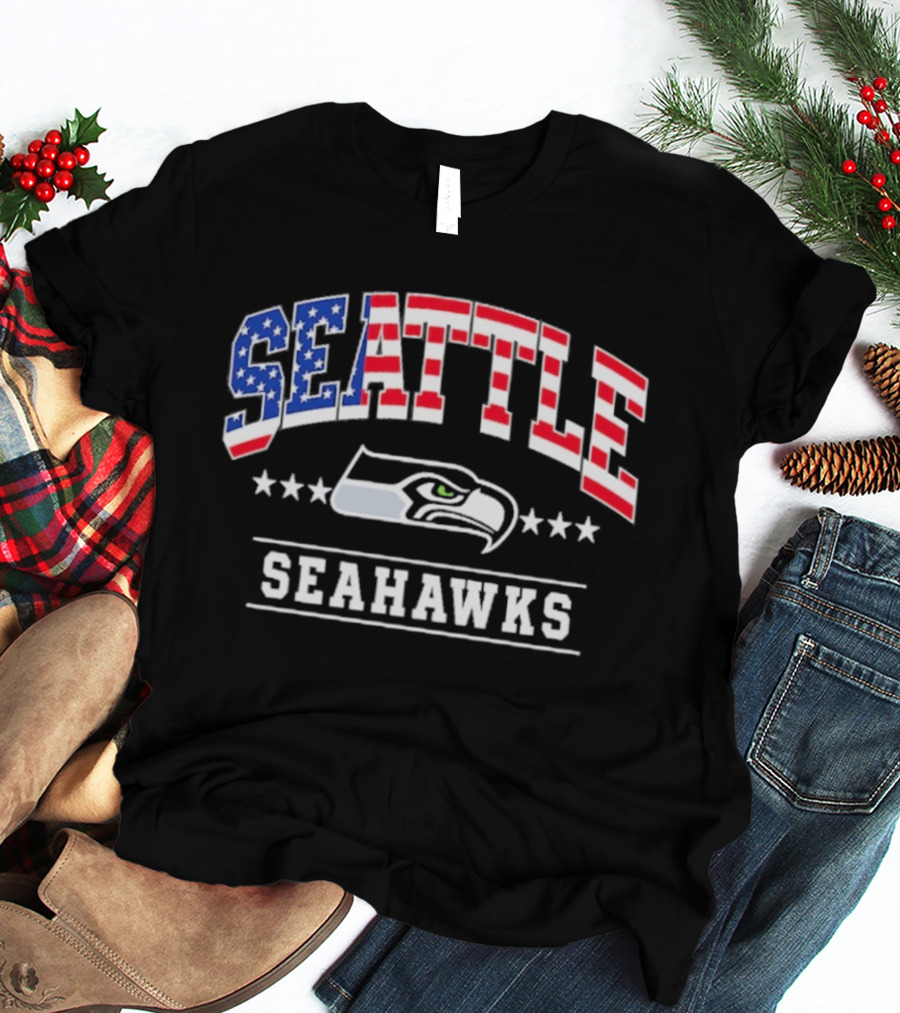 Seattle Seahawks Navy Americana Arch 250th Anniversary Stars And Stripes Football Fan T-Shirt