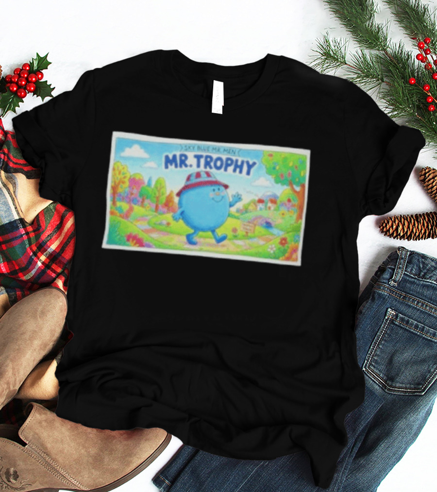 Sky Blue Mr. Men Mr. Trophy Character In Colorful Landscape Scene T-Shirt