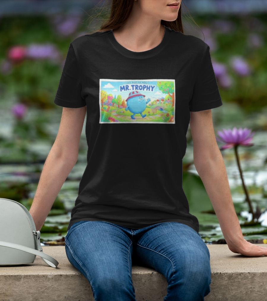 Sky Blue Mr. Men Mr. Trophy Character In Colorful Landscape Scene T-Shirt
