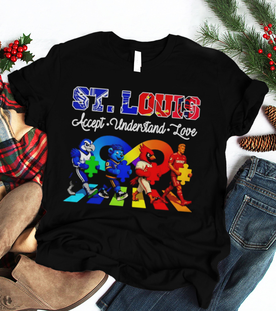 St Louis Accept Understand Love Autism Awareness Mascots Puzzle Pieces T-Shirt