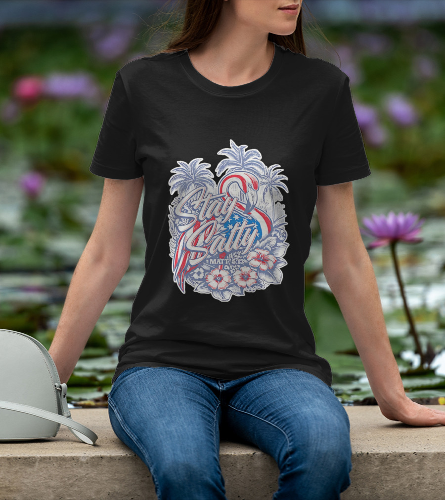 Stay Salty Flamingo Matt 5 13 Tropical Christian Faith Palm Trees Hibiscus T-Shirt
