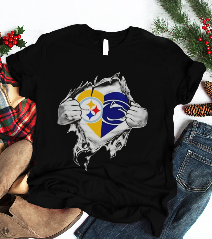 Steelers Penn State Heart Fan Logo Torn Fabric T-Shirt