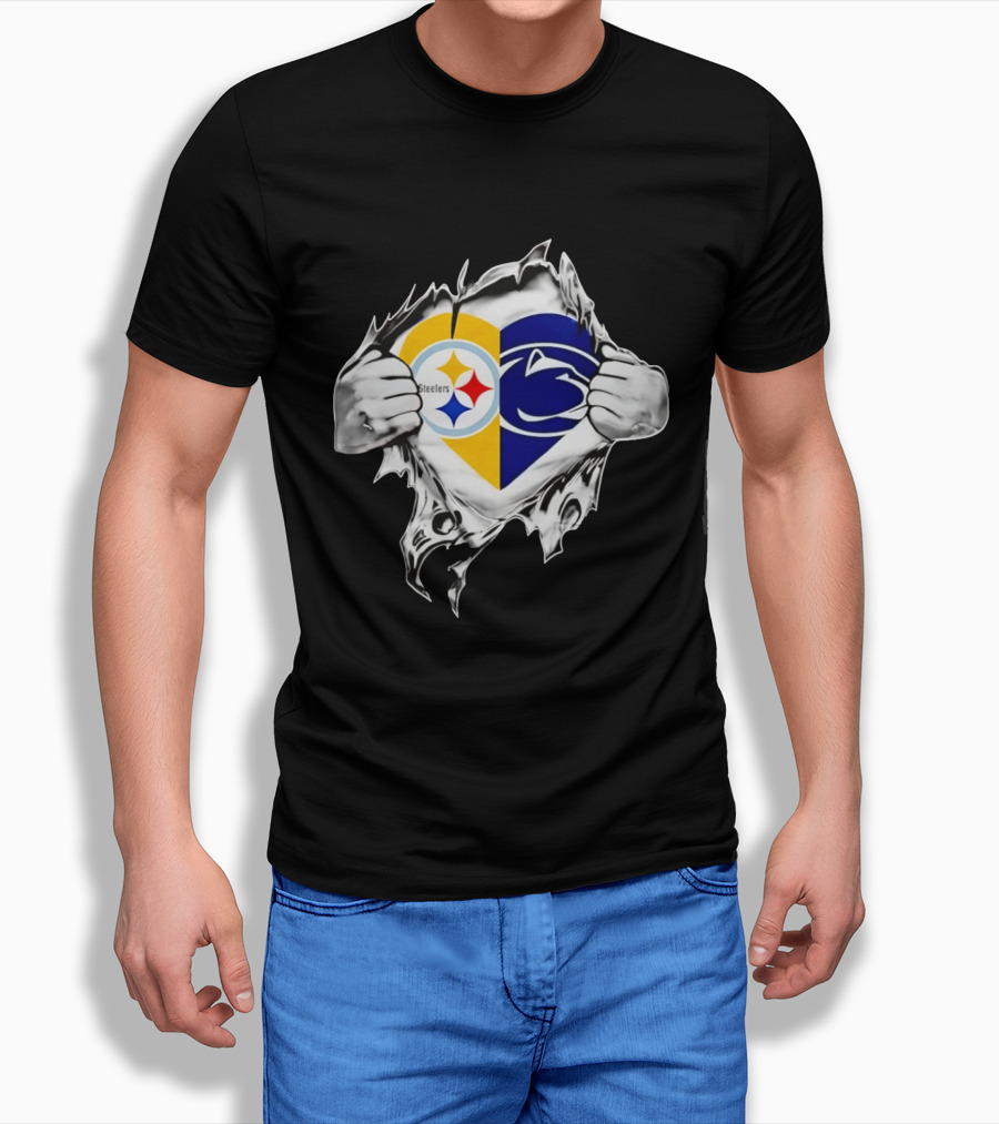 Steelers Penn State Heart Fan Logo Torn Fabric T-Shirt