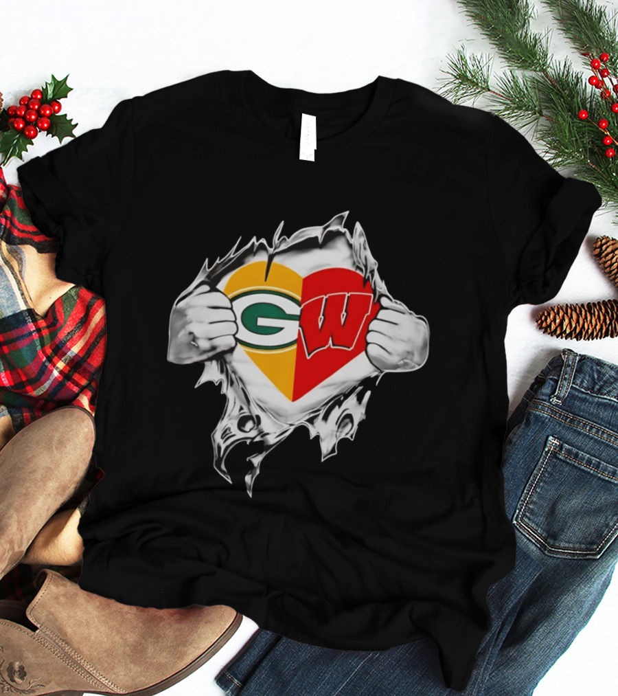 Packers Badgers Heart Logo Green Bay Wisconsin NCAA Fan Gear T-Shirt