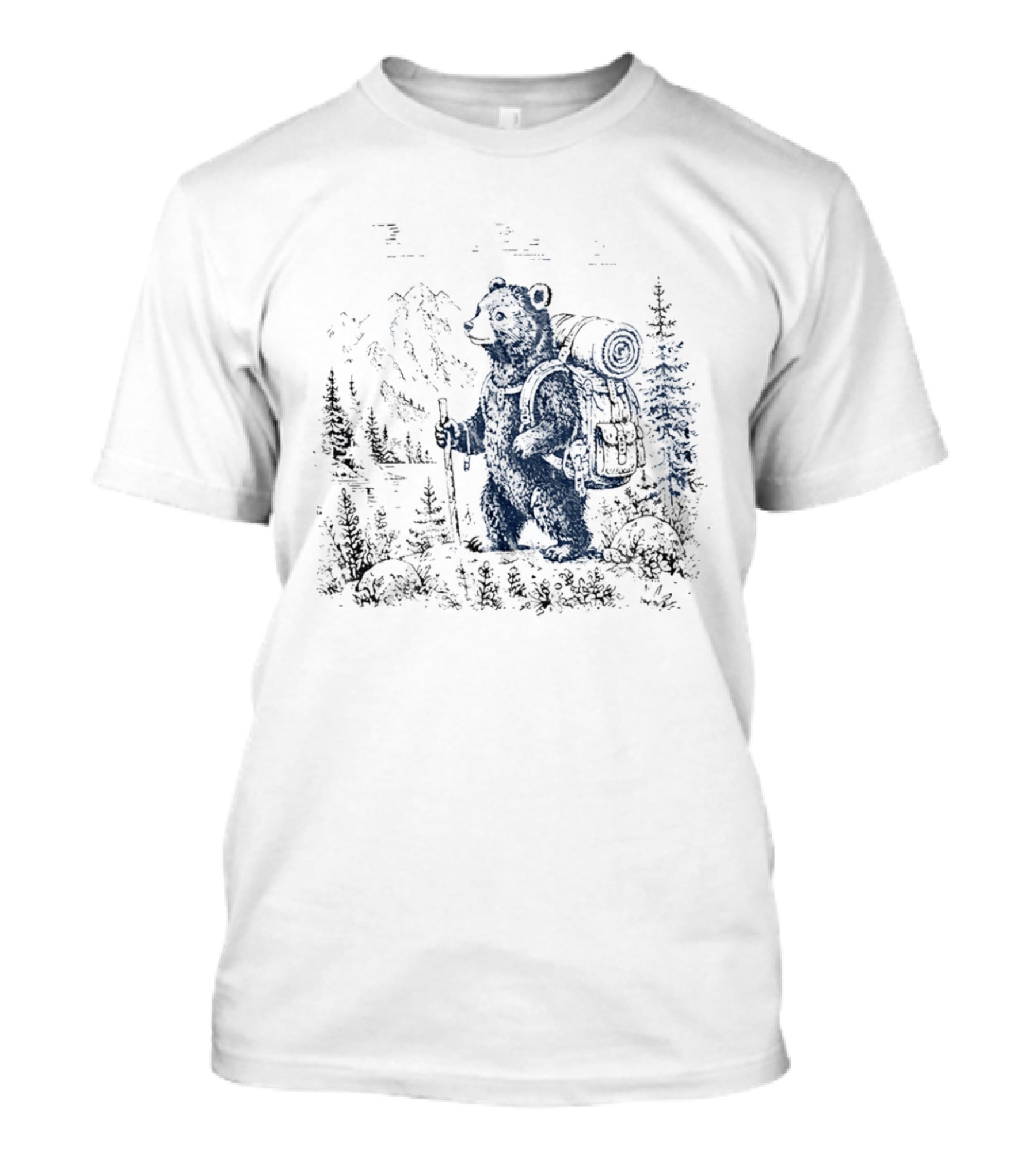 Hiking Bear Trekking Adventure With Backpack And Walking Stick Mountain Forest Scene T-Shirt