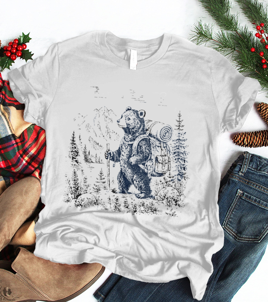 Hiking Bear Trekking Adventure With Backpack And Walking Stick Mountain Forest Scene T-Shirt