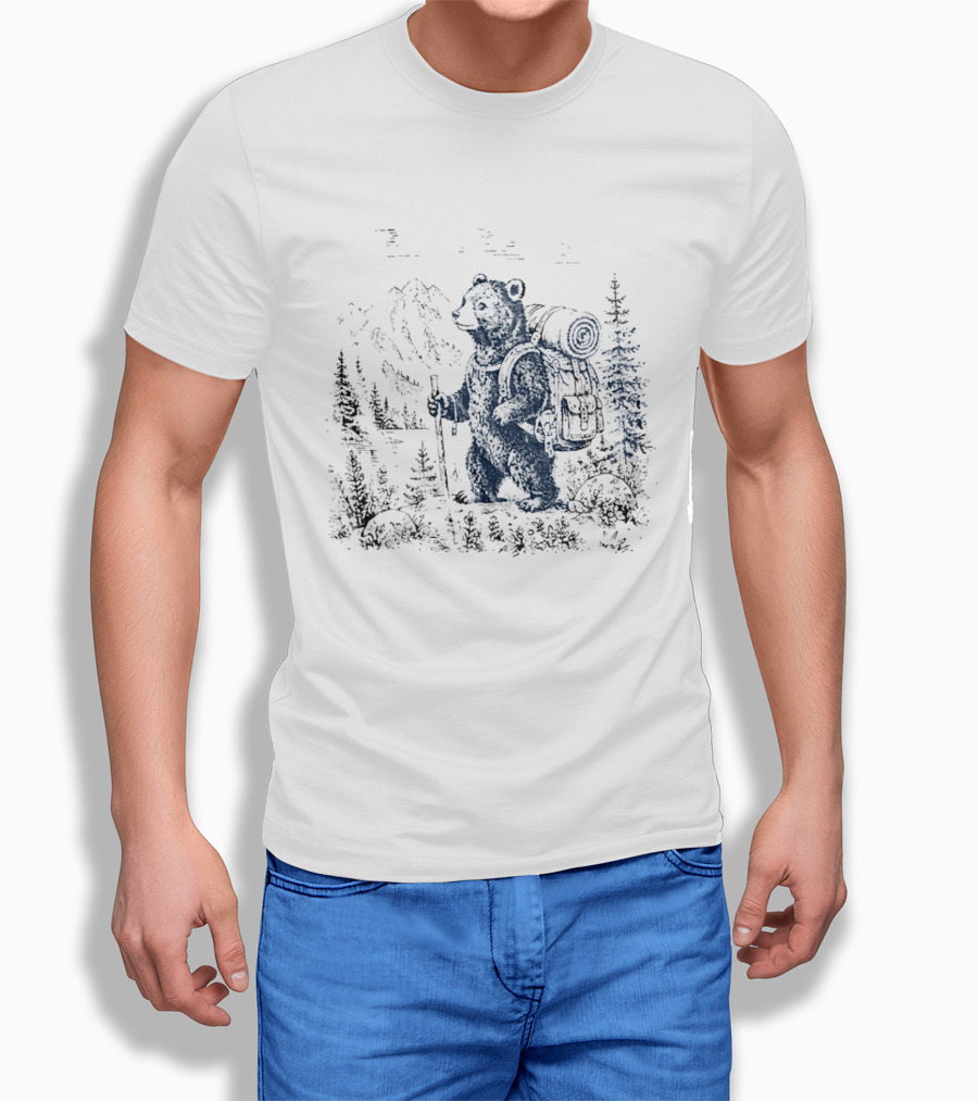 Hiking Bear Trekking Adventure With Backpack And Walking Stick Mountain Forest Scene T-Shirt