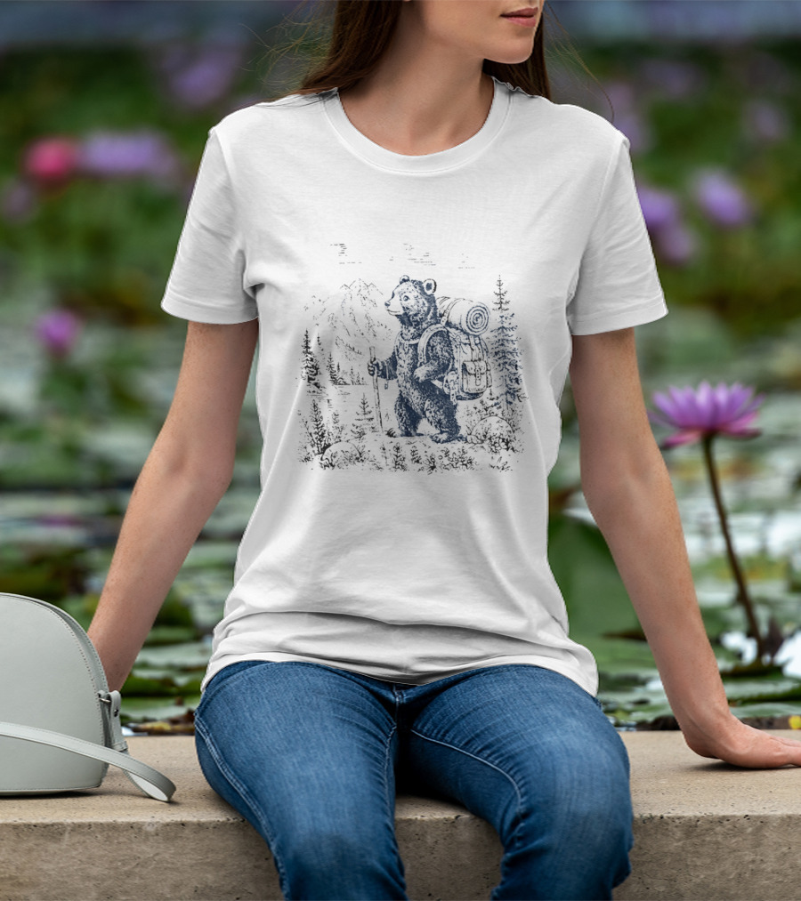 Hiking Bear Trekking Adventure With Backpack And Walking Stick Mountain Forest Scene T-Shirt