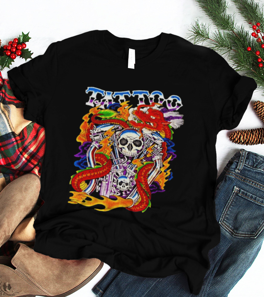 Tattoo Brand Dragon Skull Motorcycle Engine Flames T-Shirt