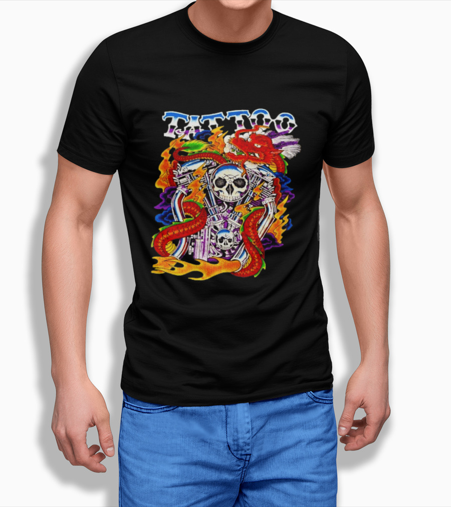 Tattoo Brand Dragon Skull Motorcycle Engine Flames T-Shirt