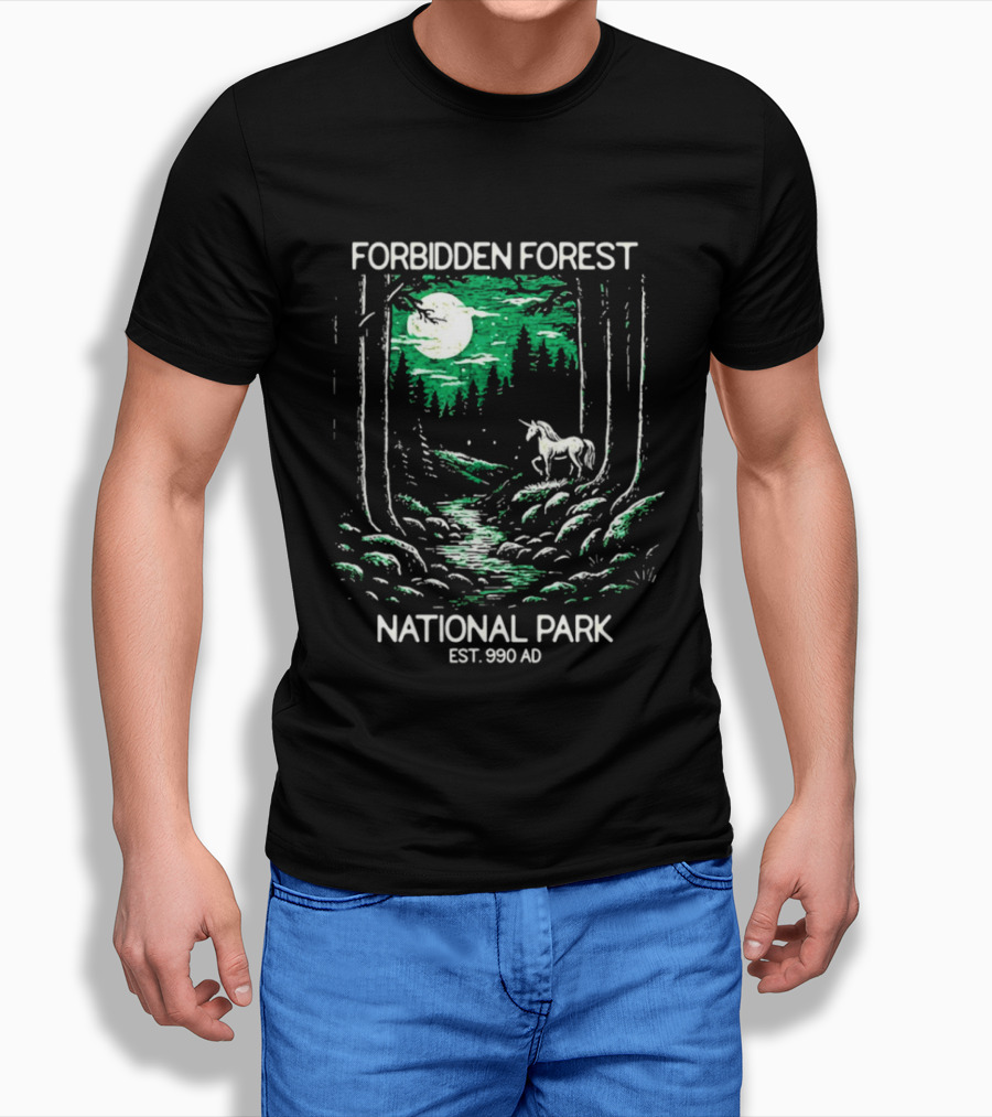 Forbidden Forest National Park Est 990 AD Moonlit Unicorn Scene T-Shirt