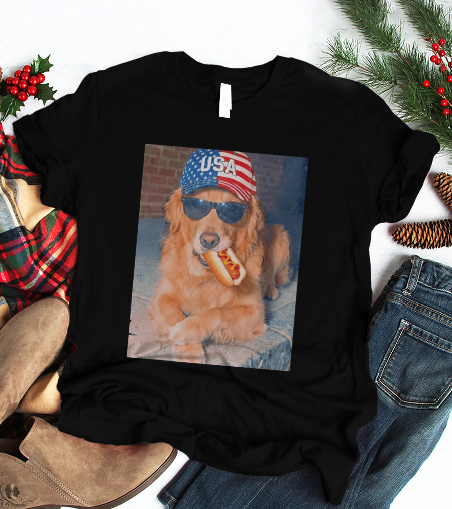 Golden Retriever With USA Hat Eating Hot Dog American Flag 4th Of July T-Shirt