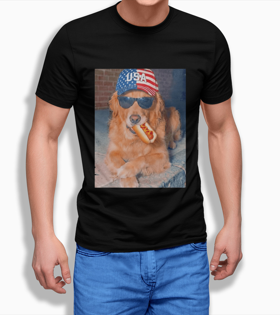 Golden Retriever With USA Hat Eating Hot Dog American Flag 4th Of July T-Shirt