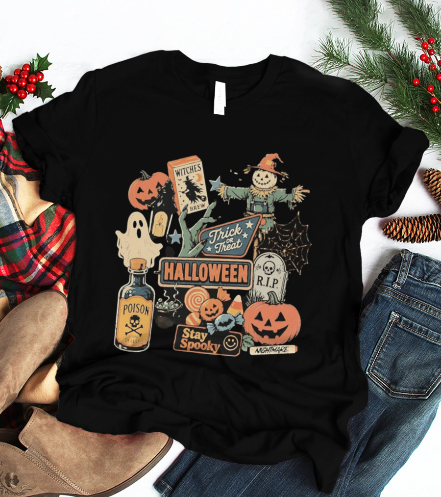 Halloween Trick Or Treat Stay Spooky Witches Brew Poison Nightmare R.I.P Ghost Pumpkins T-Shirt