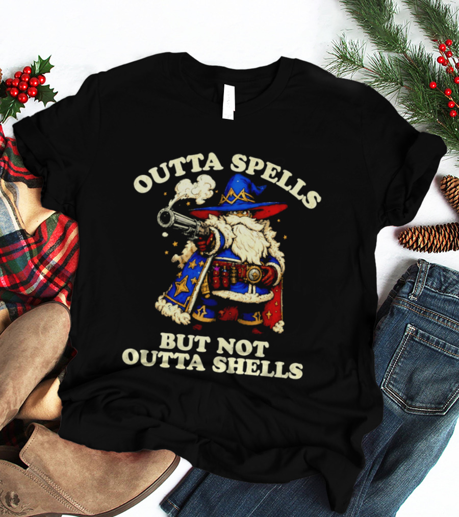 Outta Spells But Not Outta Shells Wizard With Shotgun Retro Magic Humor T-Shirt