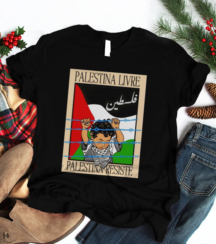 Palestina Livre Resistência Criança Frente Bandeira Arame Farpado T-Shirt