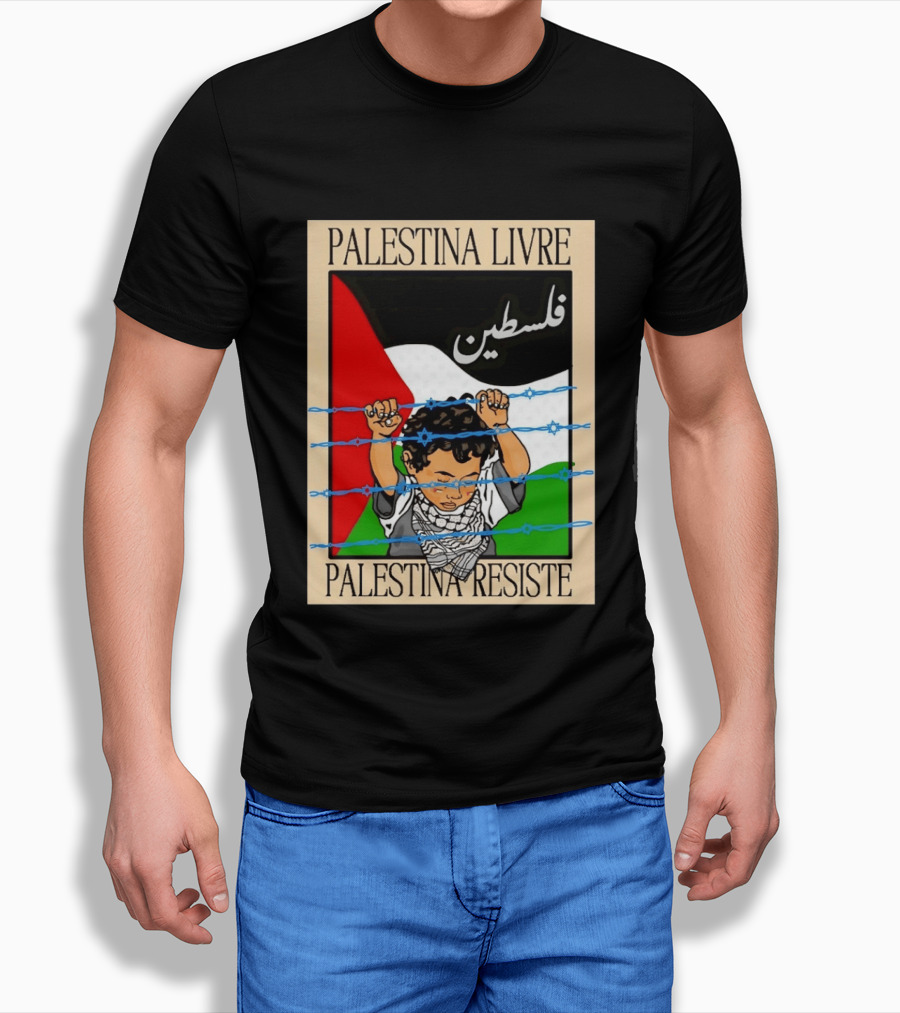 Palestina Livre Resistência Criança Frente Bandeira Arame Farpado T-Shirt