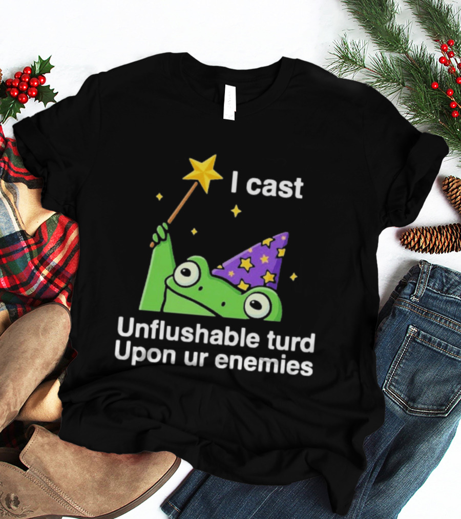 I Cast Unflushable Turd Upon Ur Enemies Frog Wizard Wand Stars Purple Hat T-Shirt