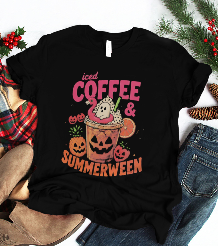 Iced Coffee And Summerween Spooky Tropical Fruit Halloween Jack O' Lantern Drink T-Shirt