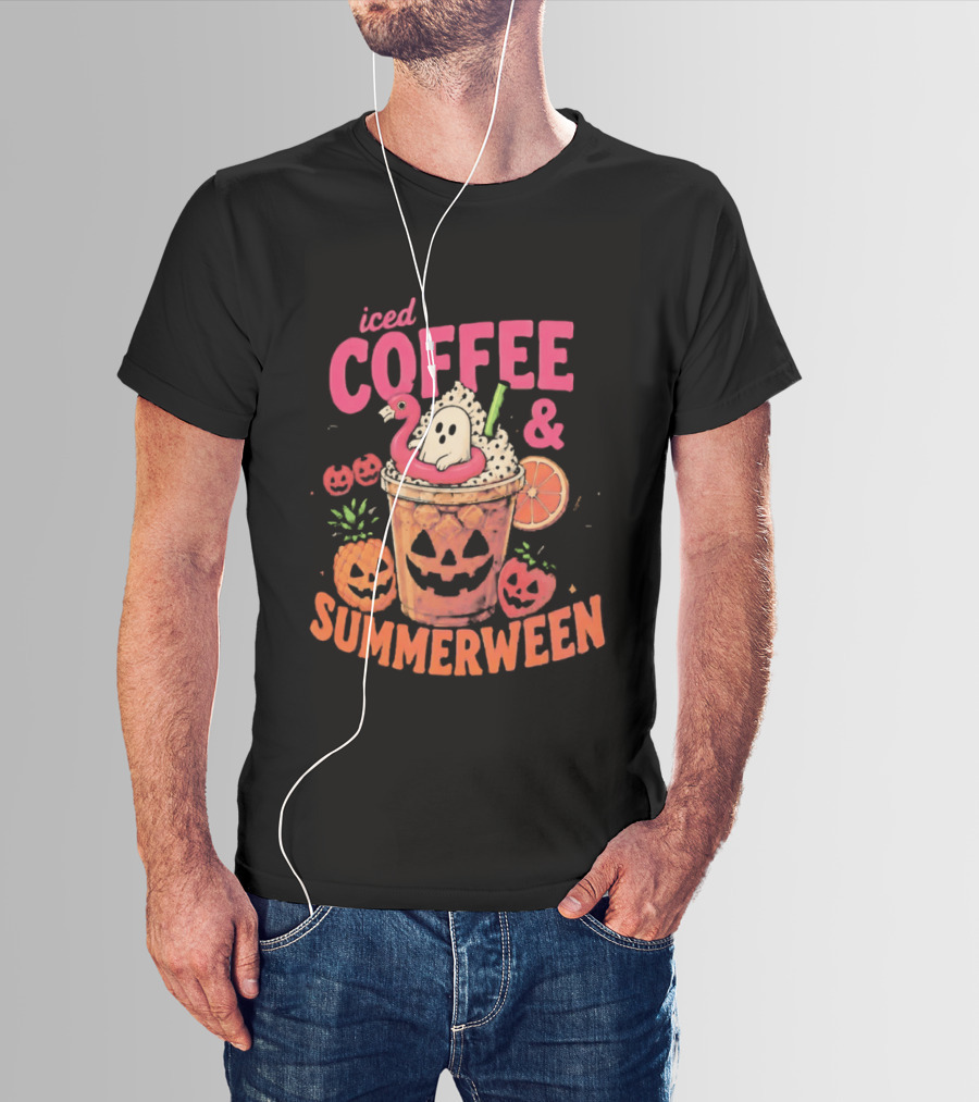 Iced Coffee And Summerween Spooky Tropical Fruit Halloween Jack O' Lantern Drink T-Shirt