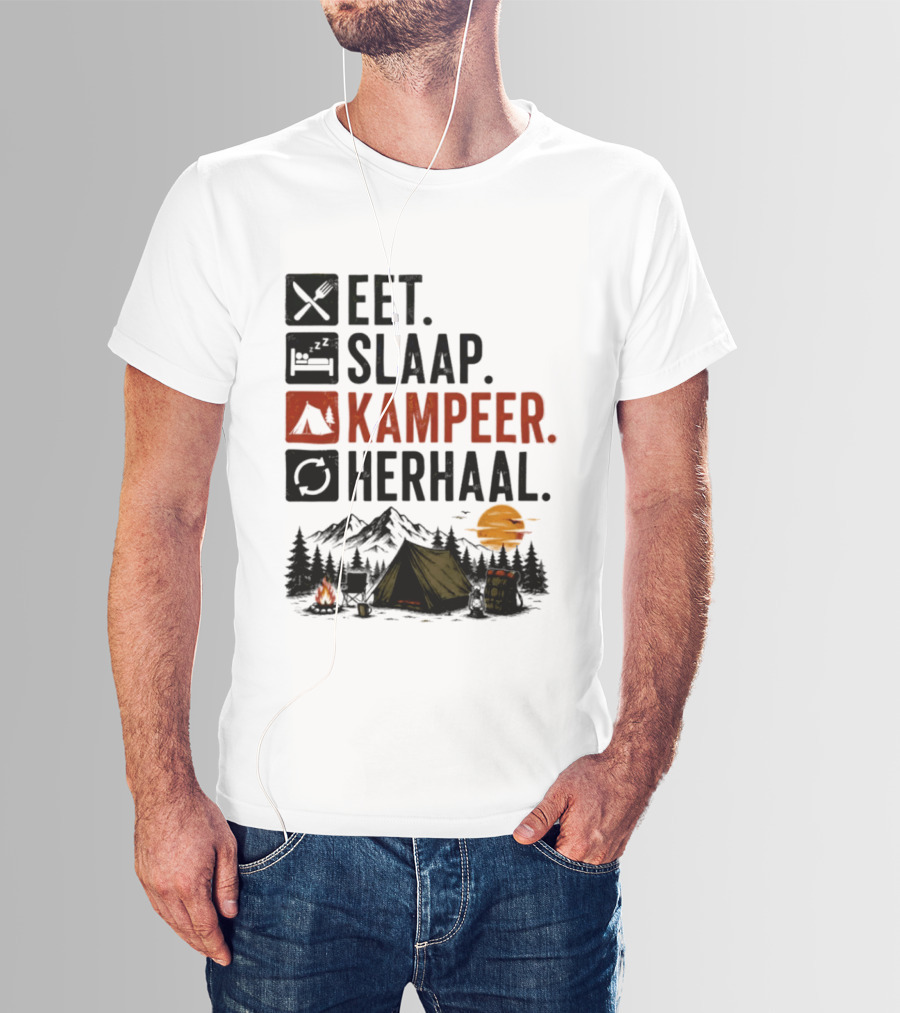 Eet Slaap Kampeer Herhaal Camping Tent Mountains Campfire Sunset T-Shirt