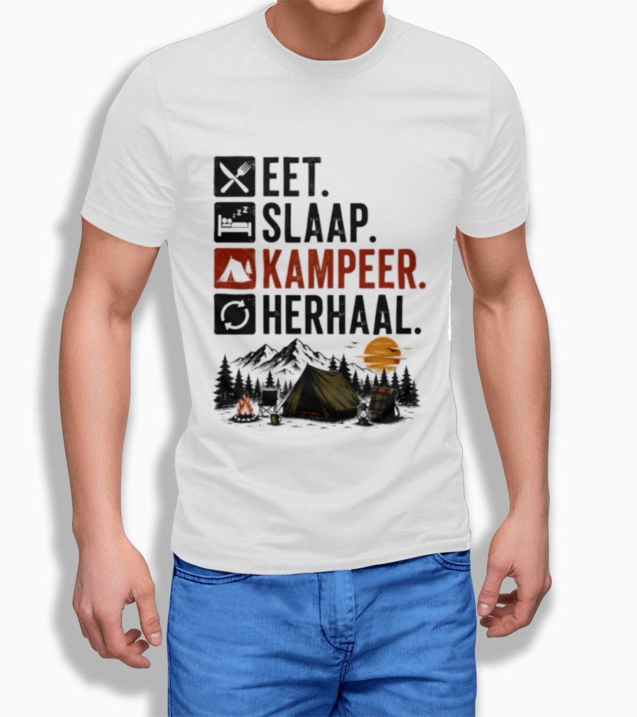 Eet Slaap Kampeer Herhaal Camping Tent Mountains Campfire Sunset T-Shirt