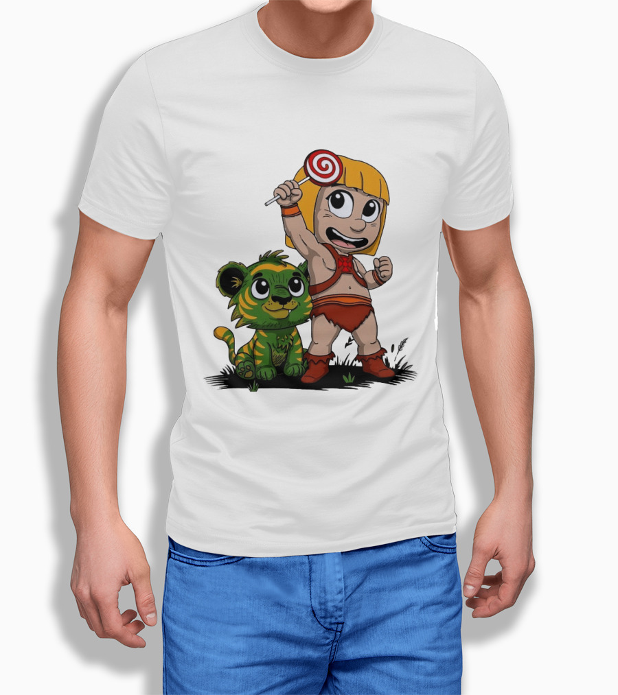 Jungle Kid Holding Lollipop With Playful Tiger Cub T-Shirt