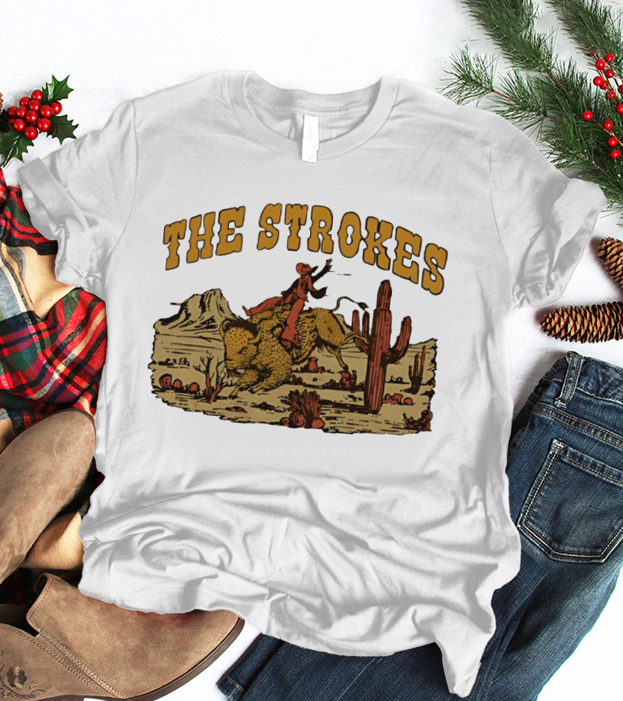 The Strokes Cowboy Riding Cheetah Desert Scene Classic Western T-Shirt