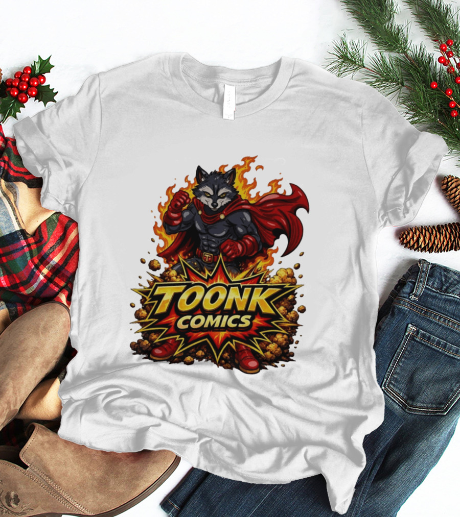 Toonk Comics Superhero Raccoon With Fiery Cape T-Shirt