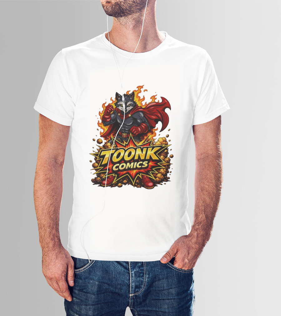 Toonk Comics Superhero Raccoon With Fiery Cape T-Shirt