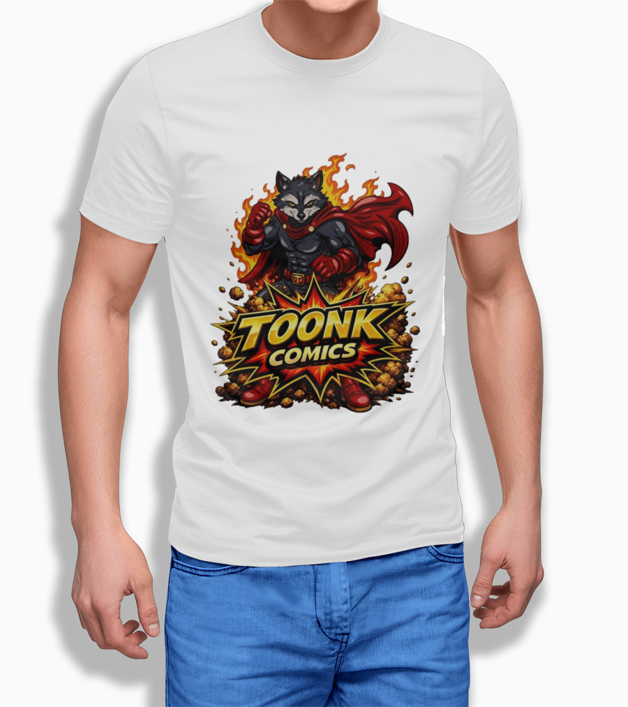 Toonk Comics Superhero Raccoon With Fiery Cape T-Shirt