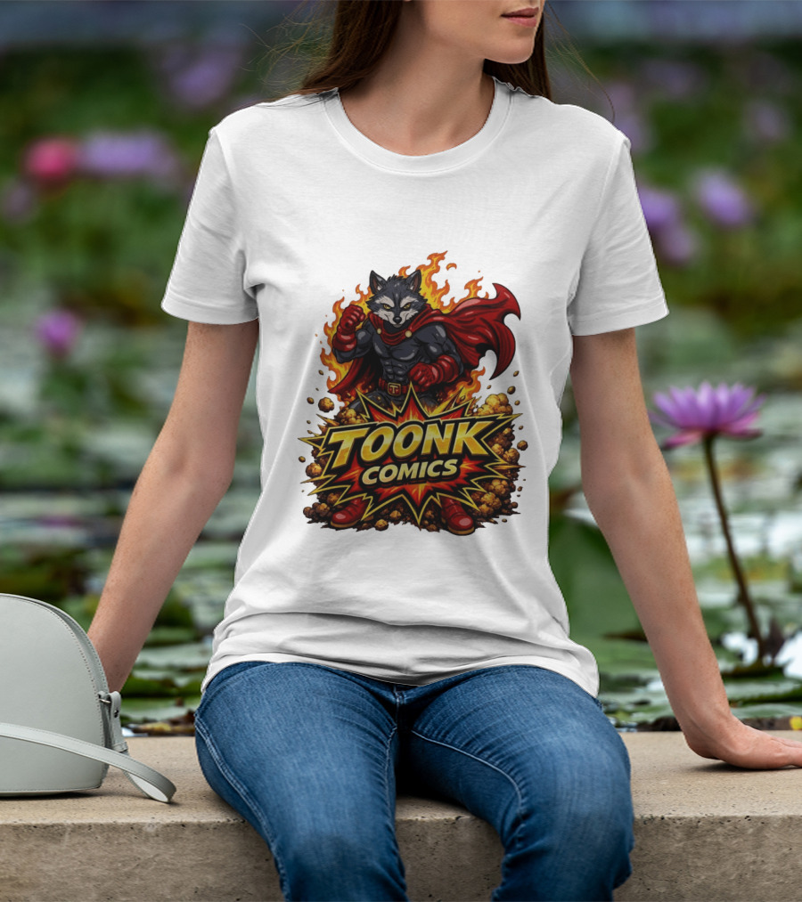 Toonk Comics Superhero Raccoon With Fiery Cape T-Shirt