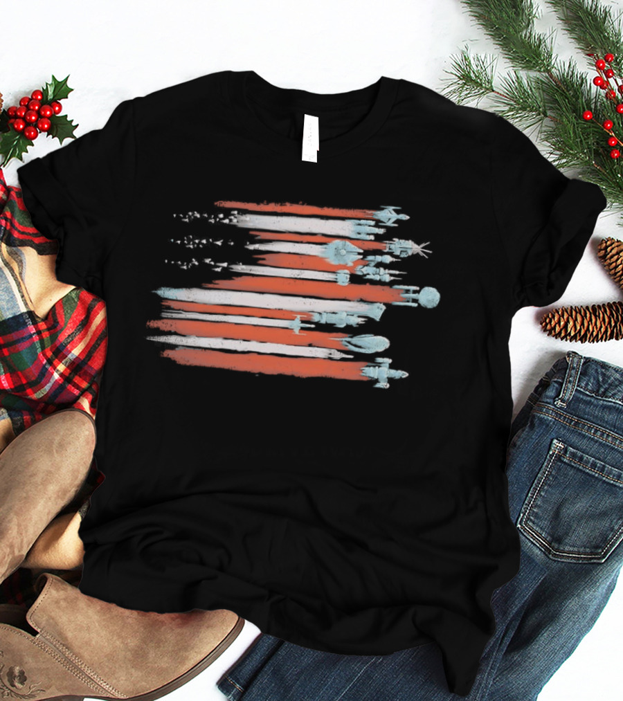 American Flag With Spacecraft Sci Fi T-Shirt