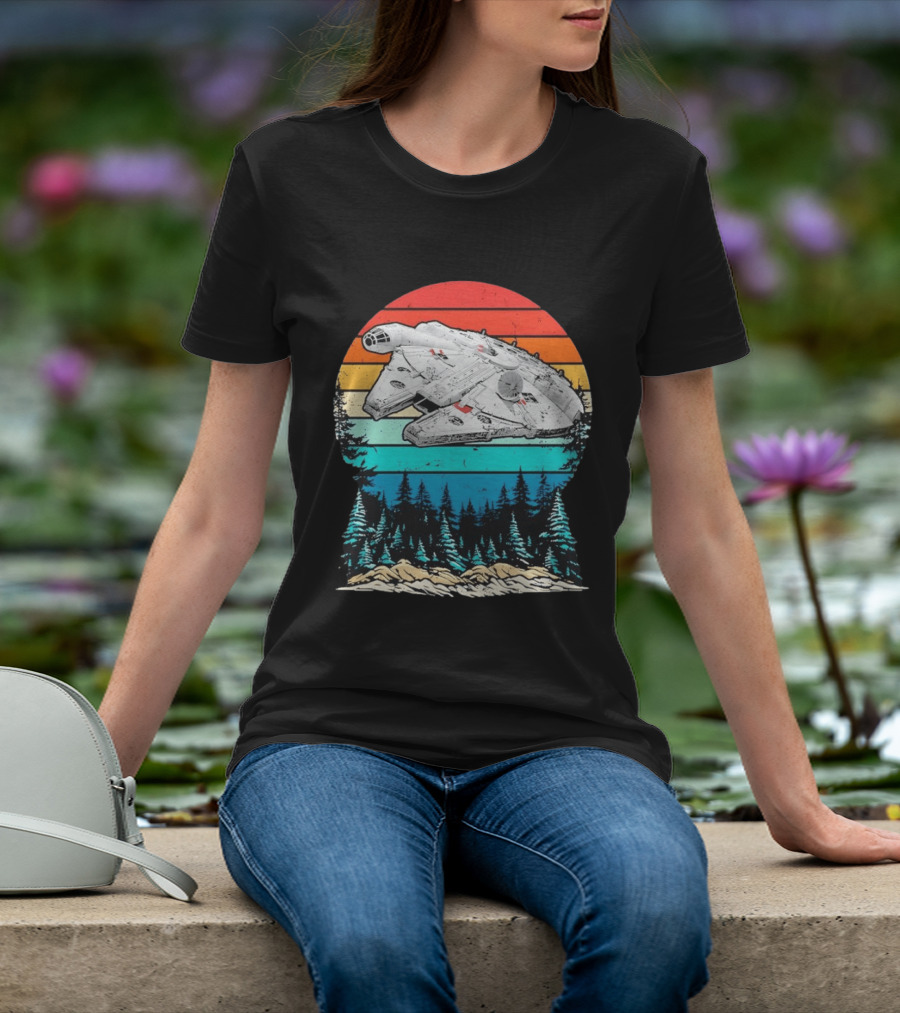 Millennium Falcon Endor Sunset Forest Scene T-Shirt