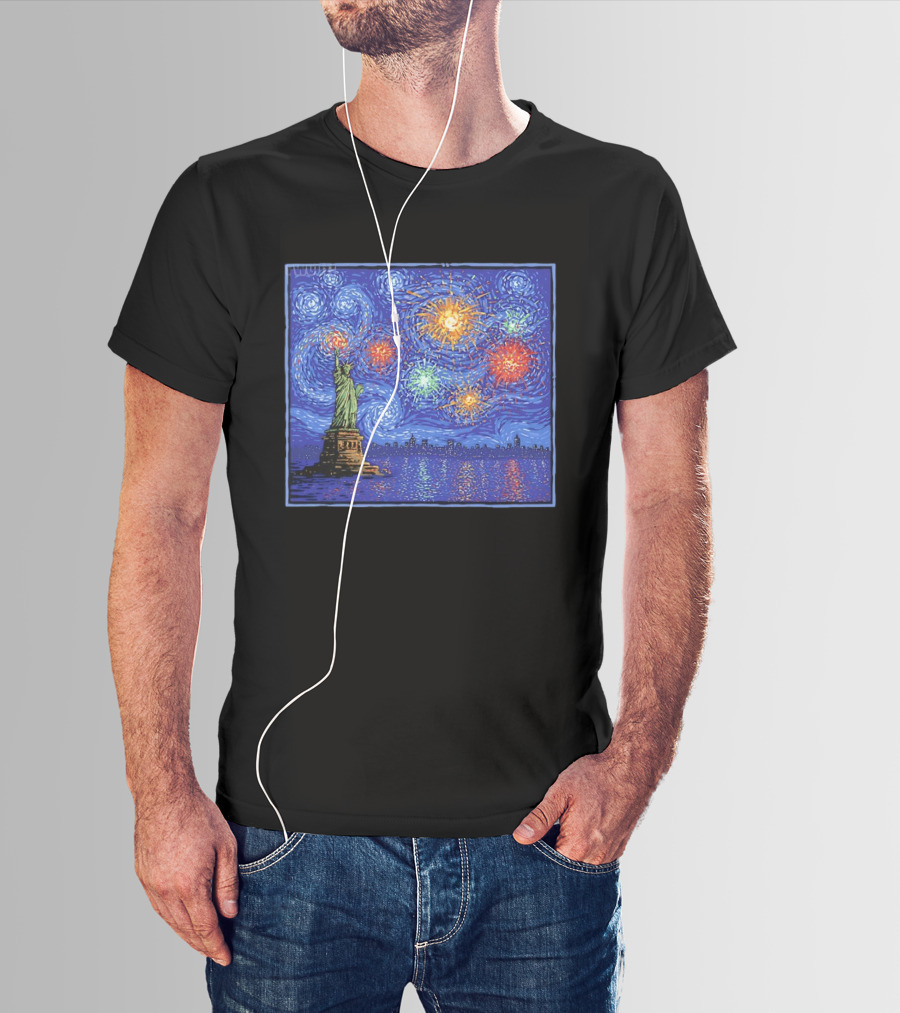 Fireworks Over Statue Of Liberty In Van Gogh Starry Night T-Shirt