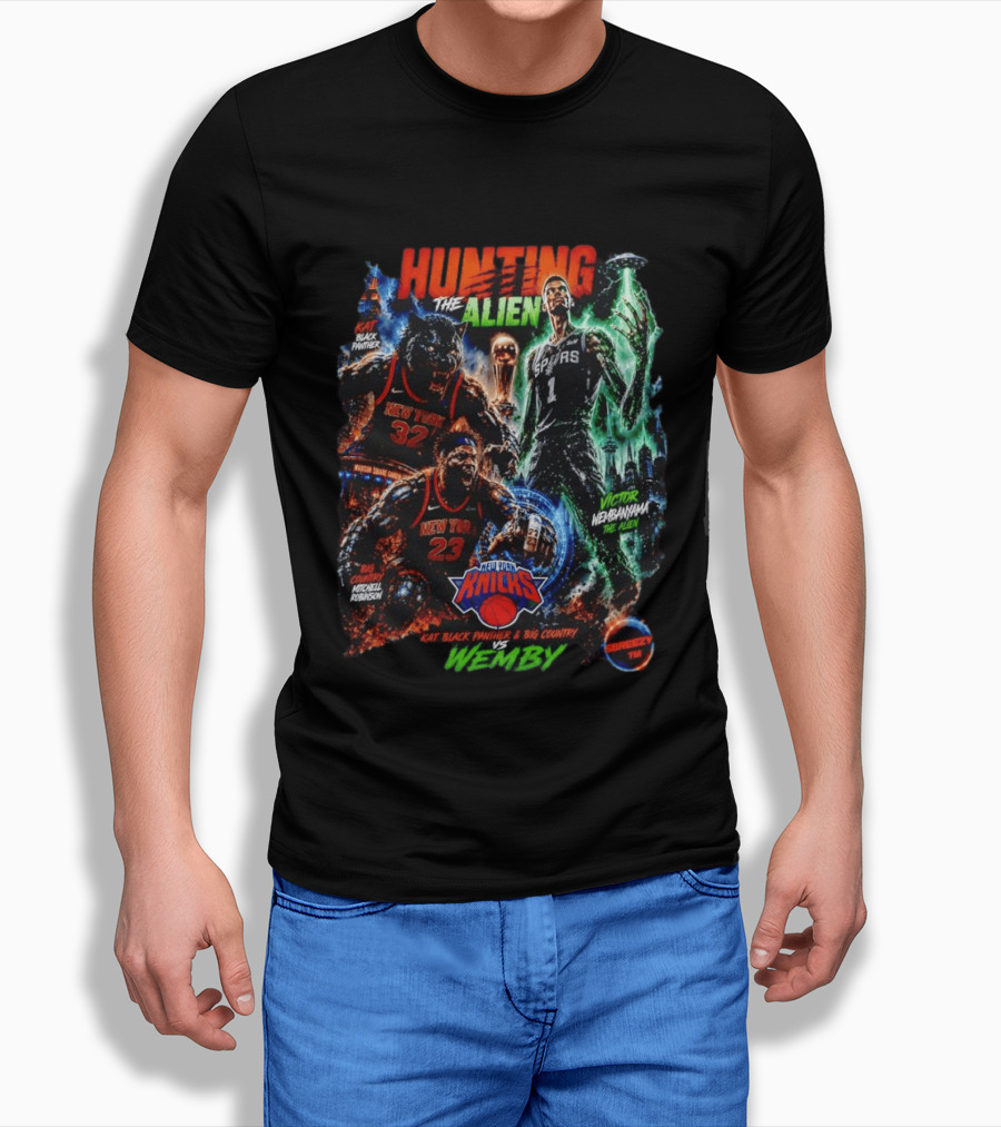Hunting The Alien KAT Black Panther New York Knicks Mitchell Robinson Vs Wemby Victor Wembanyama T-Shirt